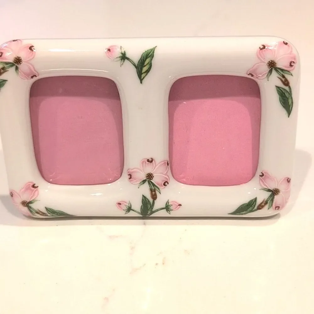 Lefton Hand Painted Floral Porcelain Double Picture Frame Vintage